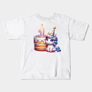 First Birthday Celebration 🎂 Cake, Candle, and Cute Unicorn Kids T-Shirt